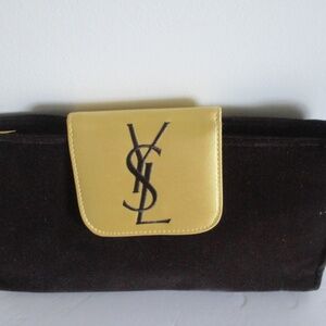 VINTAGE YVES SAINT LAURENT PARFUMS CLUTCH MAKEUP BAG BROWN VELVET & BEIGE SATIN